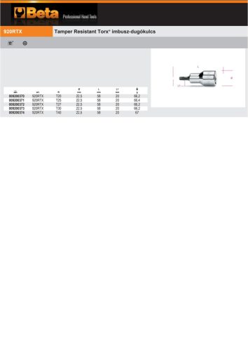 Beta 920RTX 1/2" Tamper Resistant Torx® imbusz-Dugókulcs  T20