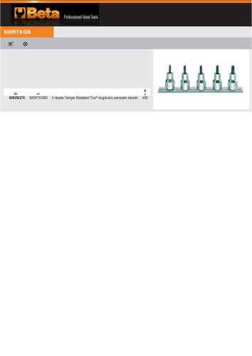 Beta 920RTX/SB5 5 részes Tamper Resistant Torx®-dugókulcs szerszám készlet (920RTX) tartón