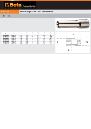 Beta 920FTX-L 1/2" Hosszú Dugókulcs Torx®-csavarokhoz E12