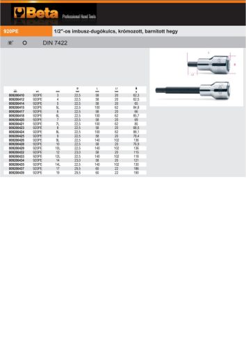 Beta 920PE 1/2"-os Imbusz-Dugókulcs, krómozott, barnított hegy 3mm