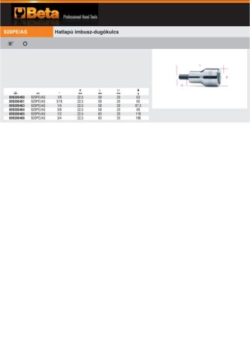 Beta 920PE-AS 1/2" Hatlapú Imbusz-Dugókulcs  3/16"
