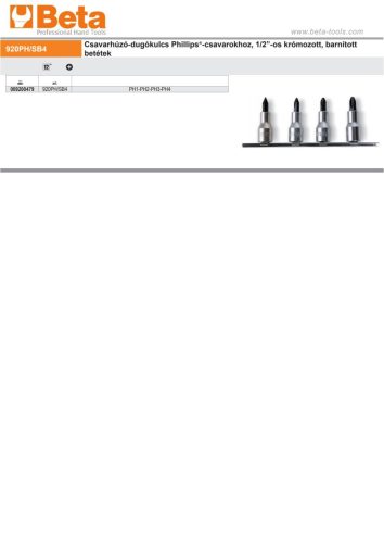 Beta 920PH/SB4 4 részes csavarhúzó-dugókulcs készlet Phillips®-csavarokhoz krómozott, barnított fej tartón tartón