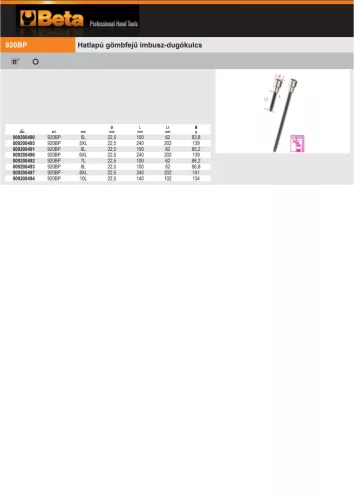 Beta 920BP 1/2" Hatlapú gömbfejű imbusz-Dugókulcs  6Lmm