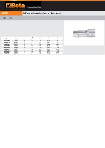 Beta 920ME 1/2”-os imbusz-Dugókulcs, krómozott 6mm