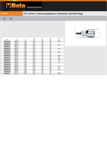 Beta 920TX-L 1/2"-osTorx® imbusz-Dugókulcs, krómozott, barnított hegy T20L