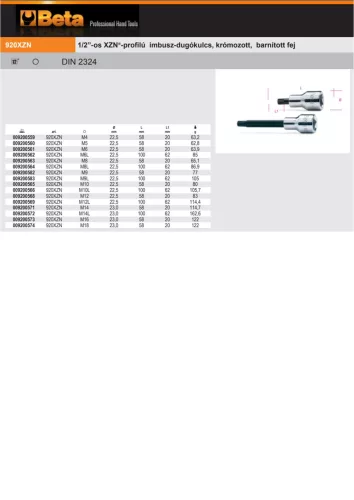 Beta 920XZN 9L 1/2”-os XZN®-profilú imbusz-dugókulcs, krómozott, barnított fej