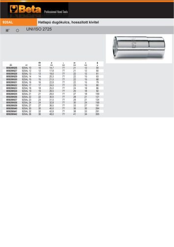 Beta 920AL 1/2" Hatlapú Dugókulcs, hosszított kivitel 10mm
