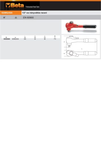 Beta 920MQ/55A 1/2”-os irányváltós racsni szigetelt 1000V