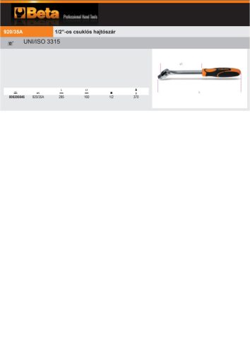 Beta 920/35A 1/2”-os csuklós hajtószár, krómozott 285mm