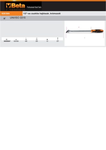 Beta 920/36A 1/2”-os csuklós hajtószár, krómozott 408mm