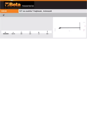 Beta 920/40 1/2”-os csuklós T-hajtószár, krómozott 490mm