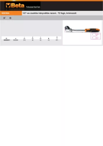 Beta 920/56A 1/2”-os csuklós irányváltós racsni, 72 fogú, krómozott