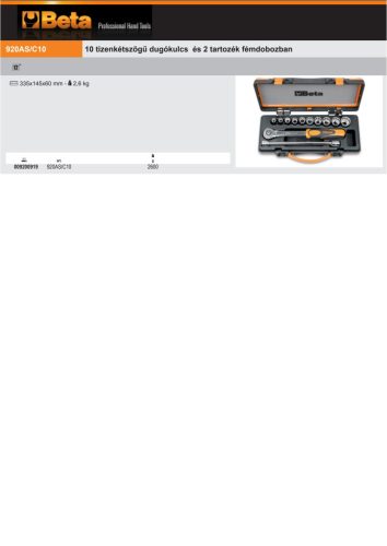 Beta 920AS/C10 12 részes készlet 10 tizenkétszögű dugókulcs és 2 tartozék fémdobozban