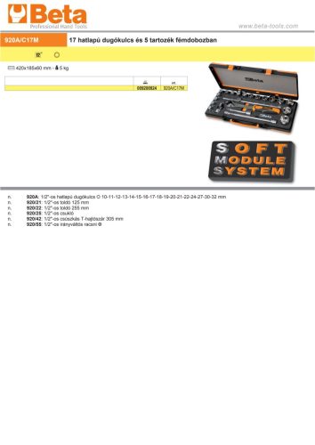 Beta 920A/C17M 22 részes készlet 17 hatlapú dugókulcs és 5 tartozék fémdobozban