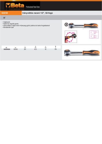 Beta 920/58 1/2"-os Irányváltós racsni, 52-fogú