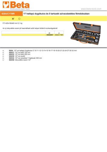 Beta 920A/C17MR 22 részes készlet 17 hatlapú dugókulcs és 5 tartozék szivacsbetétes fémdobozban