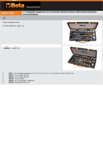 Beta 920A/C17HR 22 részes készlet 17 hatlapfejű dugókulcs és 5 tartozék készlet kemény hőformázott tálcában, lemezdobozban
