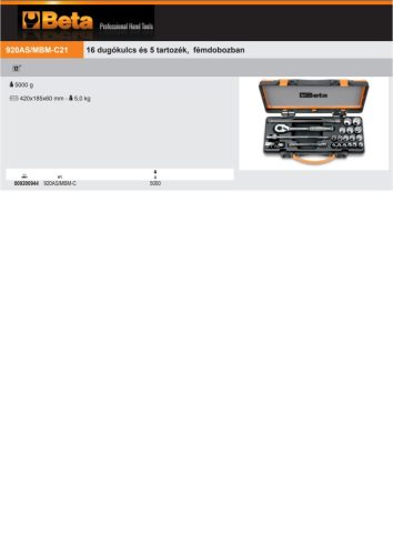 Beta 920AS/MBM-C21 21 részes készlet 16 dugókulcs és 5 tartozék, fémdobozban