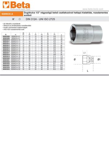 Beta 920INOX 1/2" Hatszögű Dugókulcs, rozsdamentes acélból 8mm