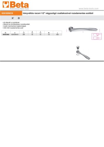 Beta 920/55INOX 1/2”-os irányváltós irányváltós racsni rozsdamentes acélból