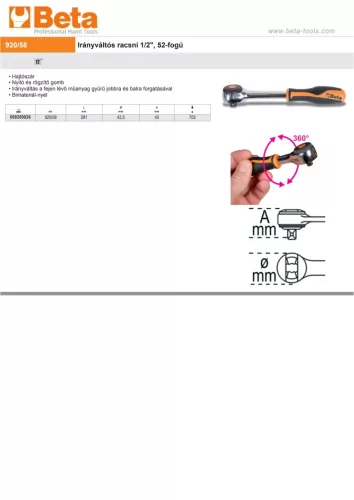 Beta 920/58 Irányváltós racsni 1/2"_x005F_x005F_x005F_x005F_x005F_x005F_x005F_x000D_, 52-fogú