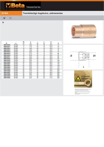 Beta 921BA Tizenkétszögű dugókulcs, szikramentes 21mm