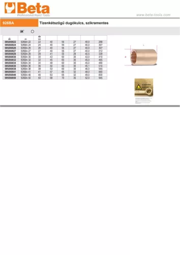 Beta 926BA Tizenkétszögű dugókulcs, szikramentes 26mm
