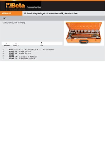 Beta 928B/C12 16 részes készlet 12 tizenkétlapú Dugókulcs és 4 tartozék, fémdobozban
