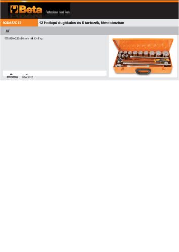 Beta 928AS/C12 17 részes készlet 12 hatlapú Dugókulcs és 5 tartozék, fémdobozban