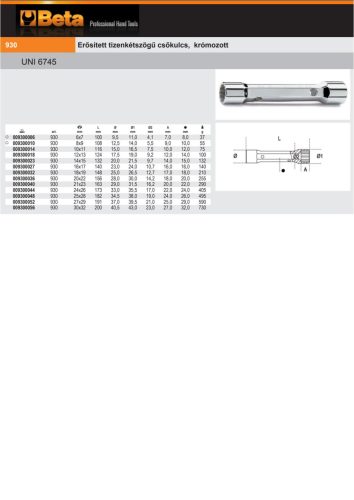 Beta 930 Erősített tizenkétszögű csőkulcs, krómozott 6x7mm