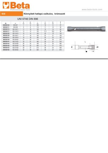 Beta 935 Könnyített hatlapú csőkulcs, krómozott 6x7mm