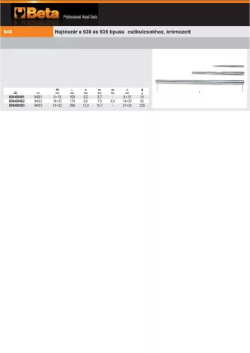 Beta 940 Hajtószár a Beta 930 és 935 típusú csőkulcsokhoz, krómozott 6-13mm