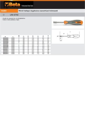 Beta 942Bx Rövid hatlapú dugókulcs-csavarhúzó krómozott 12mm