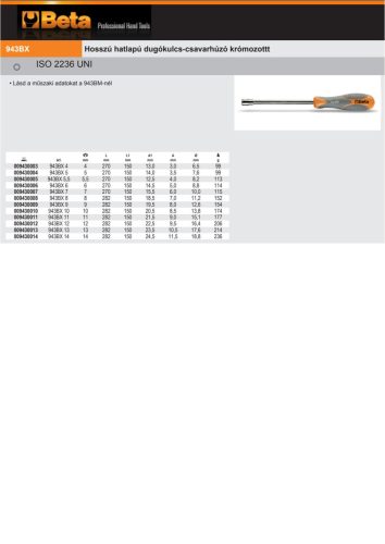 Beta 943Bx Hosszú hatlapú dugókulcs-csavarhúzó krómozott 7mm