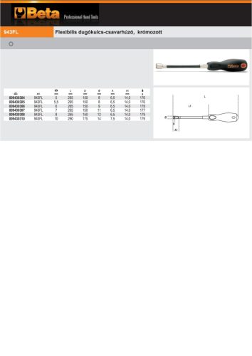 Beta 943FL Flexibilis dugókulcs-csavarhúzó, krómozott 6mm