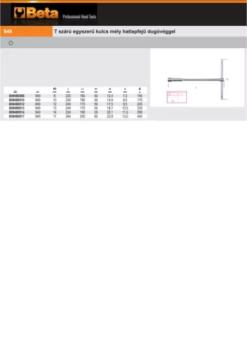 Beta 949 T szárú egyszerű kulcs mély hatlapfejű dugóvéggel 10mm