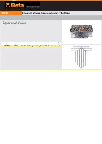 Beta 949/S6 6 darabos hatlapú dugókulcs készlet, T-hajtószár