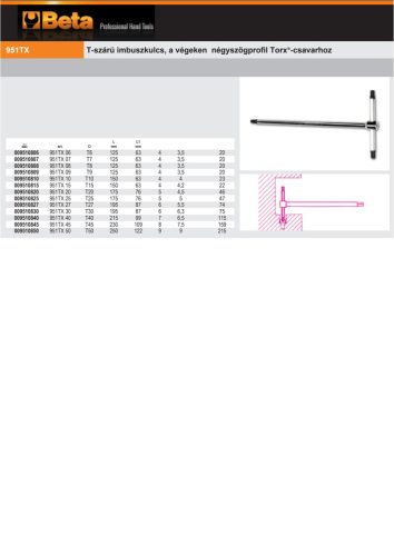 Beta 951Tx T-szárú imbuszkulcs, a végeken négyszögprofil Torx®-csavarhoz T6mm