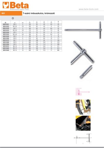 Beta 951 3 T-szárú imbuszkulcs, krómozott 3mm
