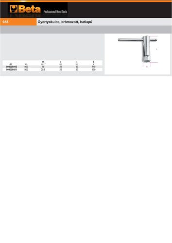 Beta 955 Gyertyakulcs, krómozott, hatlapú 16mm