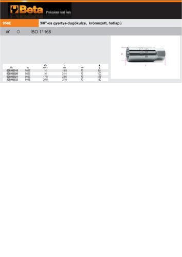 Beta 956E 3/8”-os gyertya-dugókulcs, krómozott, hatlapú 20,8mm