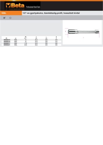 Beta 956L 1/2”-os gyertyakulcs, tizenkétszög-profil, hosszított kivitel 14mm