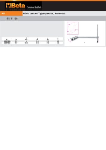 Beta 957 Rövid csuklós T-gyertyakulcs, krómozott 16mm