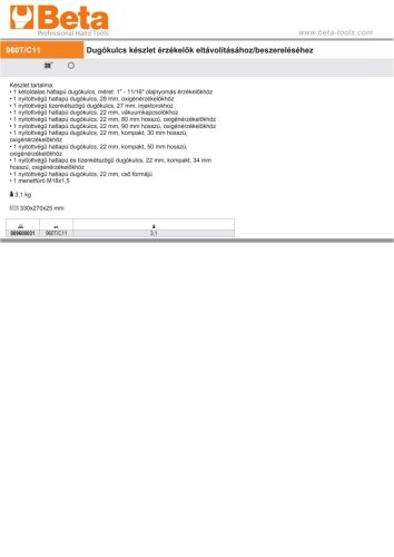 Beta 960T/C11 11 részes dugókulcs készlet érzékelők eltávolításához/beszereléséhez