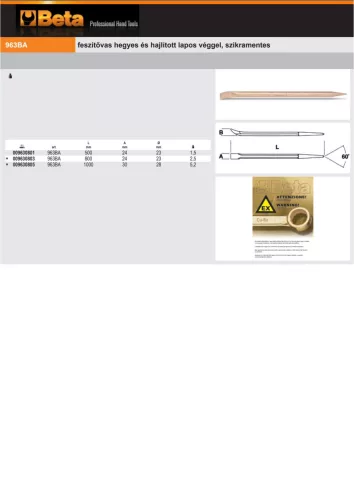 Beta 963BA feszítővas hegyes és hajlított lapos véggel, szikramentes 500mm