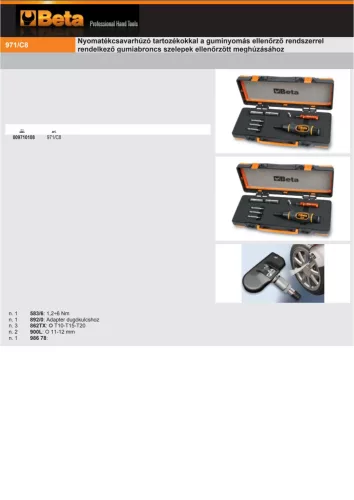 Beta 971/C8 Nyomatékcsavarhúzó tartozékokkal a guminyomás ellenőrző rendszerrel rendelkező gumiabroncs szelepek ellenőrzött meghúzásához