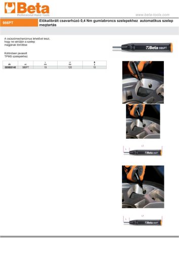 Beta 986PT Előkalibrált csavarhúzó 0,4 Nm gumiabroncs szelepekhez automatikus szelep megtartás