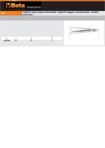 Beta 991 130 Hajlított végű csipesz lekerekített fogazott heggyel, rozsdamentes acélból, polírozott 130mm