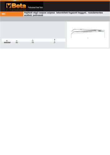 Beta 993 145 Hajlított végű csapos csipesz lekerekített fogazott heggyel, rozsdamentes acélból, polírozott 145mm