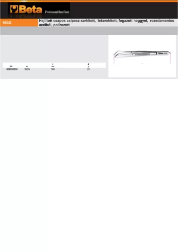 Beta 993G Hajlított csapos csipesz sarkított, lekerekített, fogazott heggyel, rozsdamentes acélból, polírozott 160mm